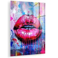 MuchoWow Glasschilderij 120x160 cm - Schilderij acrylglas - Graffiti - Lippen - Felroze - Geschilderd - Foto op glas - Muurdecoratie woonkamer - Wanddecoratie slaapkamer - Schilderijen