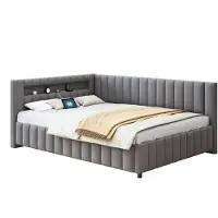 Merax Gestoffeerd Bed 140x200 cm – Slaapbank met Luxe Fluweel - LED Verlichting en USB-aansluiting – Met Hoofdbord en Rugleuning – Grijs