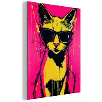 MuchoWow Aluminium schilderij 120x160 cm - Wanddecoratie metaal - Kat - Art - Zonnebril - Roze - Metalen muurdecoratie woonkamer - Decoratie industrieel - Foto op dibond - Industriële accessoires slaapkamer