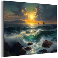 MuchoWow Aluminium schilderij 160x120 cm - Wanddecoratie metaal - Zee - Zon - Golven - Rotsen - Metalen muurdecoratie woonkamer - Decoratie industrieel - Foto op dibond - Industriële accessoires slaapkamer