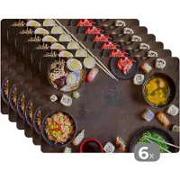 KitchenYeah Placemat - Placemats kunststof - Sushi - Eetstokjes - Kruiden - Specerijen - 45x30 cm - 6 stuks - Hittebestendig - Anti-Slip - Onderlegger - Afneembaar