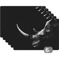 KitchenYeah Placemat - Placemats kunststof - Neushoorn - Dieren - Zwart - Wit - Portret - 45x30 cm - 6 stuks - Hittebestendig - Anti-Slip - Onderlegger - Afneembaar