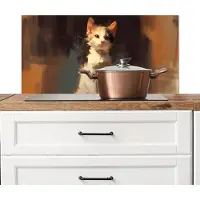 KitchenYeah Spatscherm keuken 90x45 cm - Kookplaat achterwand Kat - Geschilderd - Artistiek - Wit - Muurbeschermer - Spatwand fornuis - Hoogwaardig aluminium