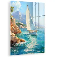 MuchoWow Glasschilderij 120x160 cm - Schilderij acrylglas - Zeilboot - Rotsen - Kust - Huizen - Foto op glas - Muurdecoratie woonkamer - Wanddecoratie slaapkamer - Schilderijen