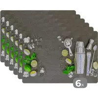 KitchenYeah Placemat - Placemats kunststof - Cocktail shaker - IJsblokjes - Fruit - 45x30 cm - 6 stuks - Hittebestendig - Anti-Slip - Onderlegger - Afneembaar