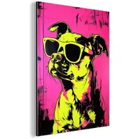 MuchoWow Aluminium schilderij 120x160 cm - Wanddecoratie metaal - Hond - Zonnebril - Roze - Art - Metalen muurdecoratie woonkamer - Decoratie industrieel - Foto op dibond - Industriële accessoires slaapkamer