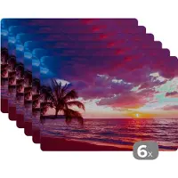 KitchenYeah Placemat - Placemats kunststof - Zon - Horizon - Roze - Palmboom - Zee - 45x30 cm - 6 stuks - Hittebestendig - Anti-Slip - Onderlegger - Afneembaar