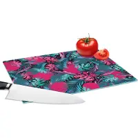 KitchenYeah Glazen Snijplank - 28x20 - Bladeren - Hawaii - Design - Roze - Blauw - Snijplanken Glas