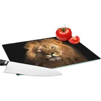 KitchenYeah Glazen Snijplank - 28x20 - Leeuw - Dieren - Zwart - Licht - Bruin - Portret - Snijplanken Glas