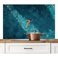 KitchenYeah Spatscherm keuken 120x80 cm - Kookplaat achterwand Vrouw - Water - Bikini - Oranje - Muurbeschermer - Spatwand fornuis - Hoogwaardig aluminium