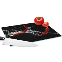 KitchenYeah Glazen Snijplank - 28x20 - Chilipeper - Stilleven - Water - Zwart - Rood - Snijplanken Glas