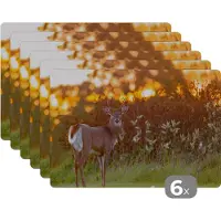 KitchenYeah Placemat - Placemats kunststof - Hert - Planten - Zonsondergang - Wilde dieren - Natuur - 45x30 cm - 6 stuks - Hittebestendig - Anti-Slip - Onderlegger - Afneembaar