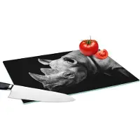 KitchenYeah Glazen Snijplank - 39x28 - Dieren - Neushoorn - Zwart - Wit - Portret - Snijplanken Glas