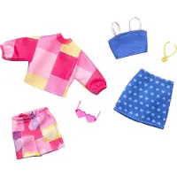 Barbie Fashions Clothing Set with 2 Outfits for Fashion Doll Including Pink & Blue Inspired Skirt Shorts 2 Tops & 2 Accessories