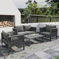 Merax Loungeset Tuin 4 Personen – 4-delige Tuinset met Bank - 2 Tuinstoelen en Tafel – Gevlochten Touw Design – 10 cm Dikke Kussens – Grijs – Weerbestendig en Stalen Frame