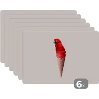 KitchenYeah Placemat - Placemats kunststof - IJs - Papegaai - Rood - IJshoorntjes - Wit - 45x30 cm - 6 stuks - Hittebestendig - Anti-Slip - Onderlegger - Afneembaar
