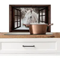 KitchenYeah Spatscherm keuken 60x40 cm - Kookplaat achterwand Doorkijk - Paard - Wit - Winterlandschap - Sneeuw - Muurbeschermer - Spatwand fornuis - Hoogwaardig aluminium