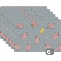 KitchenYeah Placemat - Placemats kunststof - Patronen - Varkens - Ballonnen - 45x30 cm - 6 stuks - Hittebestendig - Anti-Slip - Onderlegger - Afneembaar