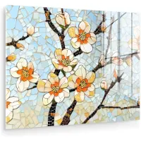 MuchoWow Glasschilderij 160x120 cm - Schilderij acrylglas - Bloesems - Wit - Mozaïek - Tak - Foto op glas - Muurdecoratie woonkamer - Wanddecoratie slaapkamer - Schilderijen