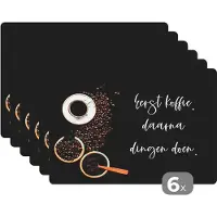 KitchenYeah Placemat - Placemats kunststof - Eerst koffie daarna dingen doen - Quotes - Spreuken - Koffie - 45x30 cm - 6 stuks - Hittebestendig - Anti-Slip - Onderlegger - Afneembaar