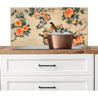 KitchenYeah Spatscherm keuken 90x45 cm - Kookplaat achterwand Vogel - Tak - Bloemen - Oranje - Muurbeschermer - Spatwand fornuis - Hoogwaardig aluminium
