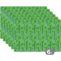 KitchenYeah Placemat - Placemats kunststof - Gitaar - Patronen - Groen - 45x30 cm - 6 stuks - Hittebestendig - Anti-Slip - Onderlegger - Afneembaar