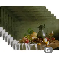 KitchenYeah Placemat - Placemats kunststof - Rustiek - Kaas - Theekan - Fruit - Stilleven - 45x30 cm - 6 stuks - Hittebestendig - Anti-Slip - Onderlegger - Afneembaar