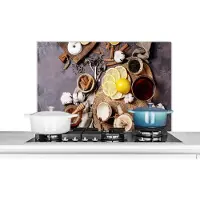 KitchenYeah Spatscherm keuken 80x55 cm - Kookplaat achterwand Thee - Citroen - Honing - Donut - Kruiden - Muurbeschermer - Spatwand fornuis - Hoogwaardig aluminium