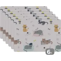 KitchenYeah Placemat - Placemats kunststof - Katten - Huisdieren - Patronen - 45x30 cm - 6 stuks - Hittebestendig - Anti-Slip - Onderlegger - Afneembaar