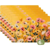 KitchenYeah Placemats - 6 stuks - 45x30 cm - Placemat kunststof - Bloemen - Veld - Geel - Borden onderleggers - Decoratie voor op tafel - Keuken tafeldecoratie accessoires - Vinyl onderlegger - Tafelversiering