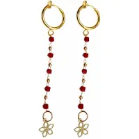 Charme Bijoux Klem oorbellen goudkleurig- lang- rood -bloem-geen gaatje-