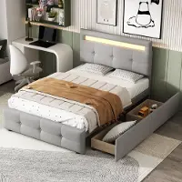 Merax Gestoffeerd Bed 90x200 cm met LED Verlichting en Schuiflade - Kinderbed - Eenpersoonsbed - Grijs