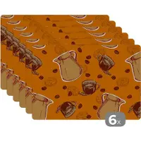 KitchenYeah Placemat - Placemats kunststof - Koffie - Patronen - Koffiebonen - 45x30 cm - 6 stuks - Hittebestendig - Anti-Slip - Onderlegger - Afneembaar