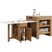 Merax Uitschuifbare Bartafel Met Opbergruimte – Keukeneiland Met Lades En Planken – Klapbare Tafel Met Wieltjes En Stopcontact – MDF Marmerlook – 110 tot 214x78x97.5 cm – Bruin