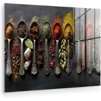 MuchoWow Glasschilderij 160x120 cm - Schilderij acrylglas - Lepels - Specerijen - Kaneel - Chili - Foto op glas - Muurdecoratie woonkamer - Wanddecoratie slaapkamer - Schilderijen