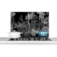 KitchenYeah Spatscherm - Jungle - Palmboom - Tropical - Zwart - Wit - Muurbeschermer - 80x55 cm - Spatwand keuken