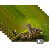 KitchenYeah Placemat - Placemats kunststof - Eend - Vogels - Water - Tak - Mos - 45x30 cm - 6 stuks - Hittebestendig - Anti-Slip - Onderlegger - Afneembaar
