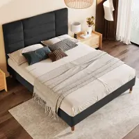 Merax Polsterbett, Doppelbett mit Lattenrost, 140x200cm gepolsteres Bettgestell mit Kopfteil, in Schwarz Leinen, für Erwachsene&Jugendliche, (Matratze nicht enthalten)