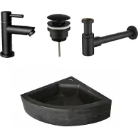 Lambini Designs Corner natuursteen fonteinset met zwarte kraan en toebehoren