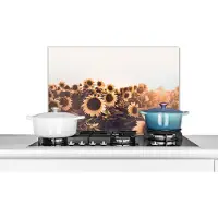 KitchenYeah Spatscherm keuken 60x40 cm - Kookplaat achterwand Zonnebloemen - Veld - Zonsondergang - Bloemen - Geel - Muurbeschermer - Spatwand fornuis - Hoogwaardig aluminium