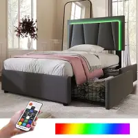 Merax Polsterbett mit LED-Beleuchtung und 2 Schubladen,Höhenverstellbarem Kopfteil,Einzelbett 90x200cm Stauraumbetten Bettgestell, Lattenrost aus Holz,Garu (Ohne Matratze)