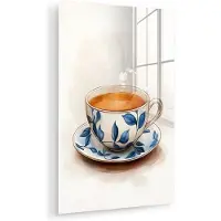 MuchoWow Glasschilderij 120x180 cm - Schilderij acrylglas - Theekop - Bladeren - Blauw - Foto op glas - Muurdecoratie woonkamer - Wanddecoratie slaapkamer - Schilderijen