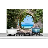 KitchenYeah Spatscherm keuken 100x65 cm - Kookplaat achterwand Strand - Doorkijk - Tropisch - Strandstoel - Muurbeschermer - Spatwand fornuis - Hoogwaardig aluminium