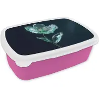 MuchoWow Broodtrommel Roze - Lunchbox Bladeren - Bloem - Glazen - Donkerblauw - Brooddoos 18x12x6 cm - Brood lunch box - Broodtrommels voor kinderen en volwassenen