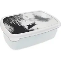 MuchoWow Broodtrommel Wit - Lunchbox Boot - Rivier - Bamboe - Wit - Brooddoos 18x12x6 cm - Brood lunch box - Broodtrommels voor kinderen en volwassenen