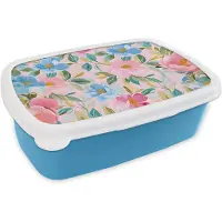 MuchoWow Broodtrommel Blauw - Lunchbox Blauw - Roze - Bloemen - Brooddoos 18x12x6 cm - Brood lunch box - Broodtrommels voor kinderen en volwassenen