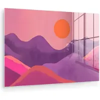 MuchoWow Glasschilderij 180x120 cm - Schilderij acrylglas - Zon - Heuvels - Paars - Abstract - Foto op glas - Muurdecoratie woonkamer - Wanddecoratie slaapkamer - Schilderijen