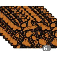 KitchenYeah Placemat - Placemats kunststof - Halloween - Oranje - Patronen - 45x30 cm - 6 stuks - Hittebestendig - Anti-Slip - Onderlegger - Afneembaar