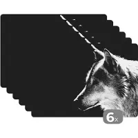 KitchenYeah Placemat - Placemats kunststof - Wilde dieren - Wolf - Zwart - Wit - 45x30 cm - 6 stuks - Hittebestendig - Anti-Slip - Onderlegger - Afneembaar