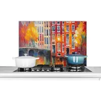 KitchenYeah Spatscherm keuken 90x60 cm - Kookplaat achterwand Grachtenpanden - Kunst - Schilderij - Amsterdam - Muurbeschermer - Spatwand fornuis - Hoogwaardig aluminium